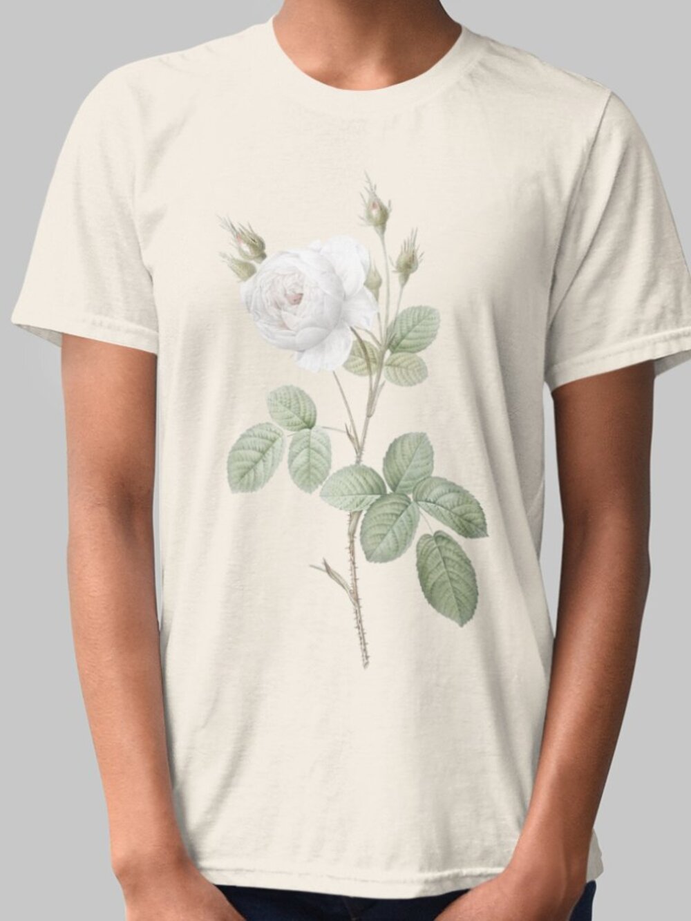 White Moss Rose Vintage Floral Print Short Sleeve Graphic Tee T-shirt S-XXL